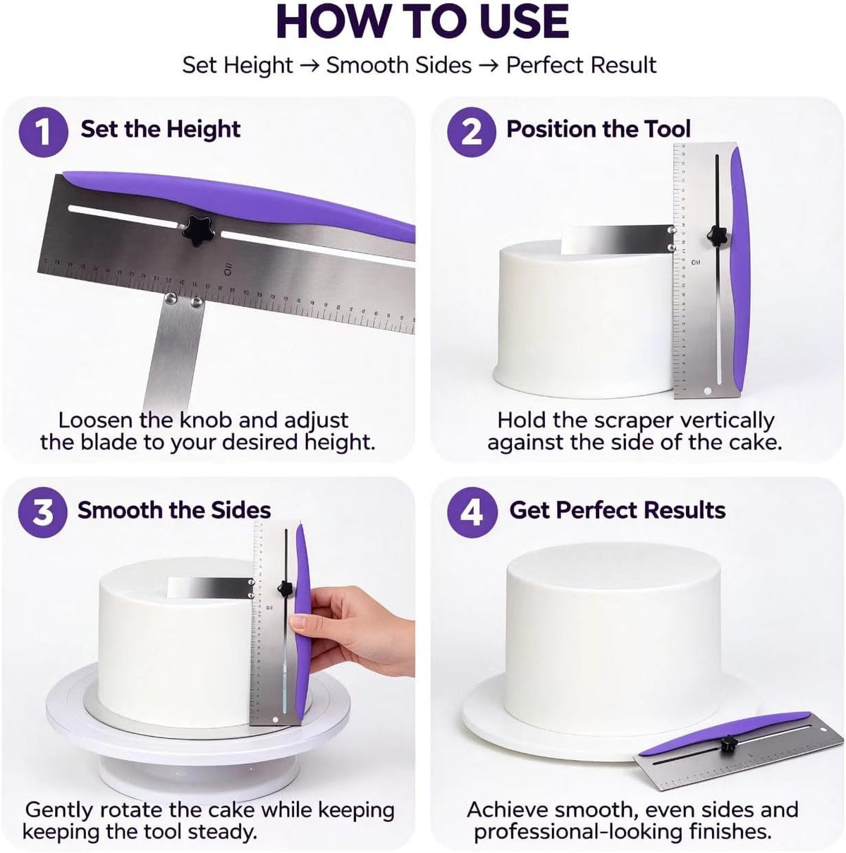 12 Inch Cake Scraper Smoother, Stainless Steel Cake Bench Scraper Decorating Tools for Icing Frosting Cream Edge - Adjustable Kitchen Spatula for Mousse, Cheese, Cream Cake (Purple)