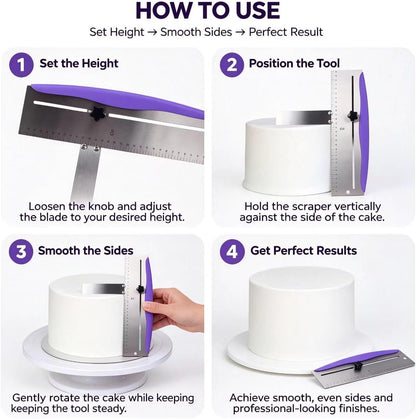 12 Inch Cake Scraper Smoother, Stainless Steel Cake Bench Scraper Decorating Tools for Icing Frosting Cream Edge - Adjustable Kitchen Spatula for Mousse, Cheese, Cream Cake (Purple)