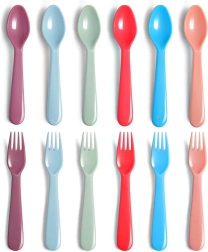 16Pcs Kids Plastic Utensils Kids Forks and Spoons Set, Multicolor Toddler Utensils, Reusable Kids Silverware Cutlery Set, Ideal for School Lunch Box, Camping, Travel, Party Favors BPA Free