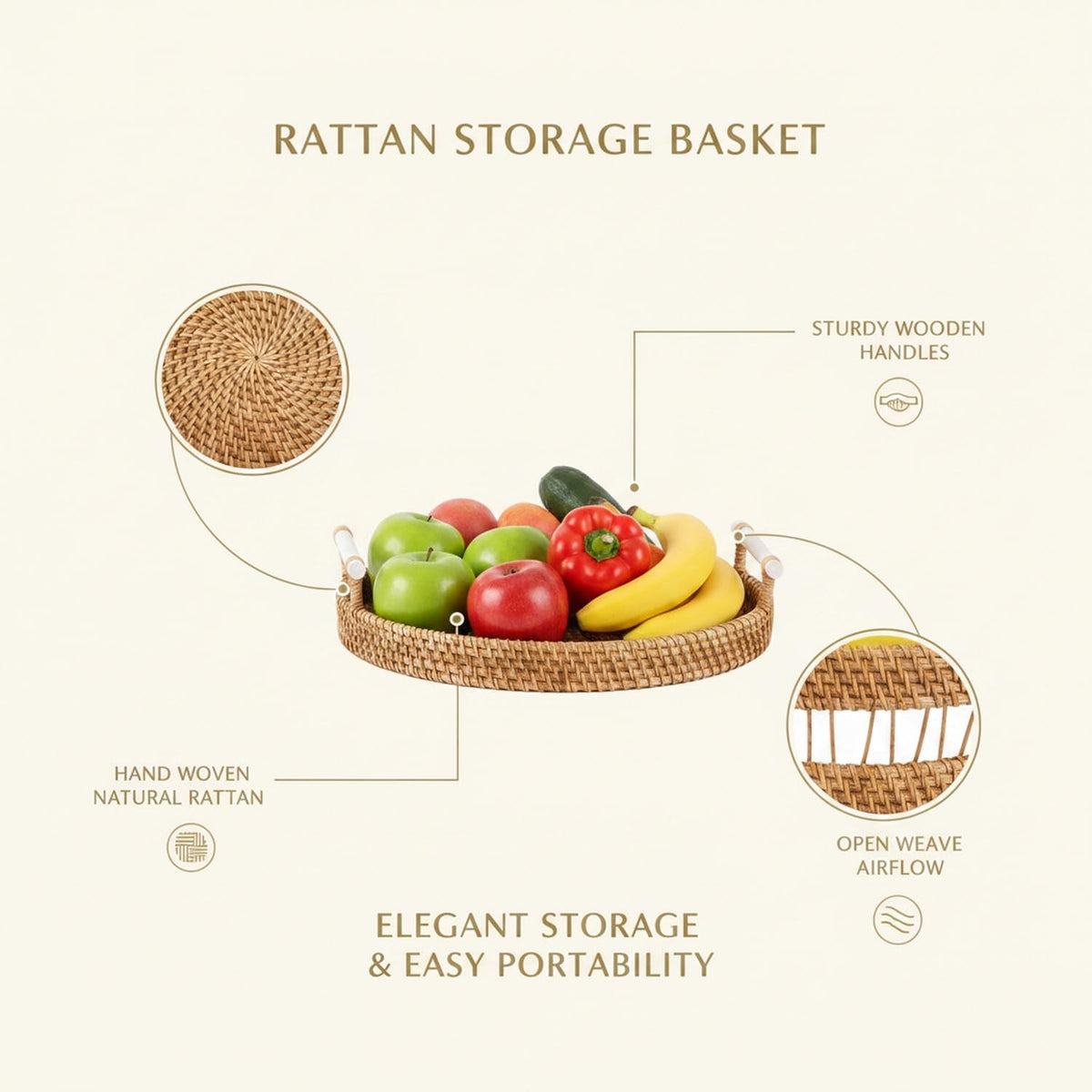 Hand Woven Rattan Basket with Wood Handle, Open Weave Storage Bin for Countertop Organization, Produce, and Snacks