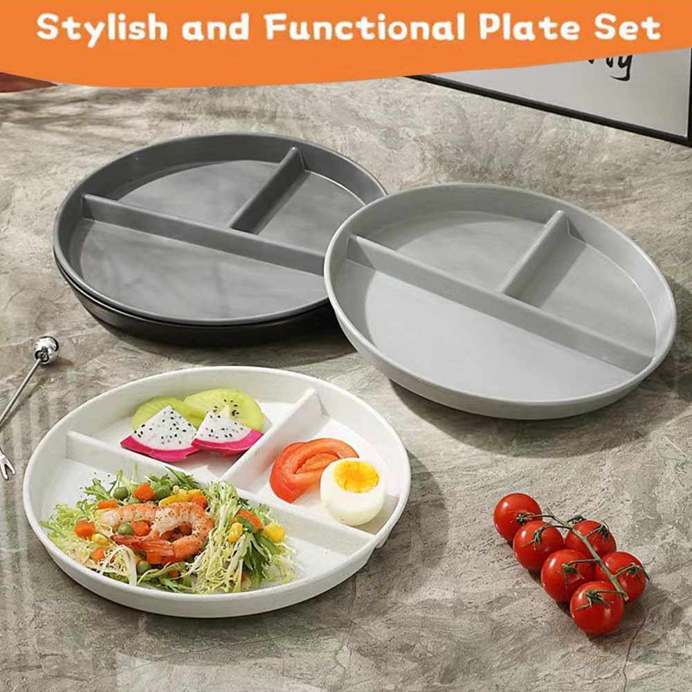 LRUUIDDE (5 Pack) Portion Control Plate for Balanced Eating, 9" Unbreakable Divided Plates,3 Compartment Plates, Reusable Plastic Plates, BPA Free for Adults