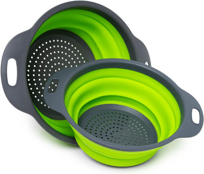 Set of 2 Collapsible Colander made of Silicone, Food-Grade, Perfect for Draining Pasta, Vegetables and Fruits (Green)