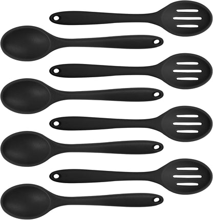 8 Pcs 8inch Heat Resistant Cooking Spoons for Nonstick Cookware Set -Ideal for Cooking, Baking, Mixing, Stirring Includes Slotted & Solid Spoons, Design for Nonstick Cookware (Black+Red+Green+Purple)