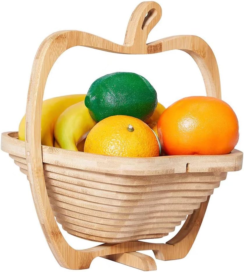 Foldable Bamboo Dried Fruit Basket Apple Shaped Collapsible Bread Nuts Baskets Candy Gifts Fruit Bowl Holder Wooden Snack Box for Kitchen Table