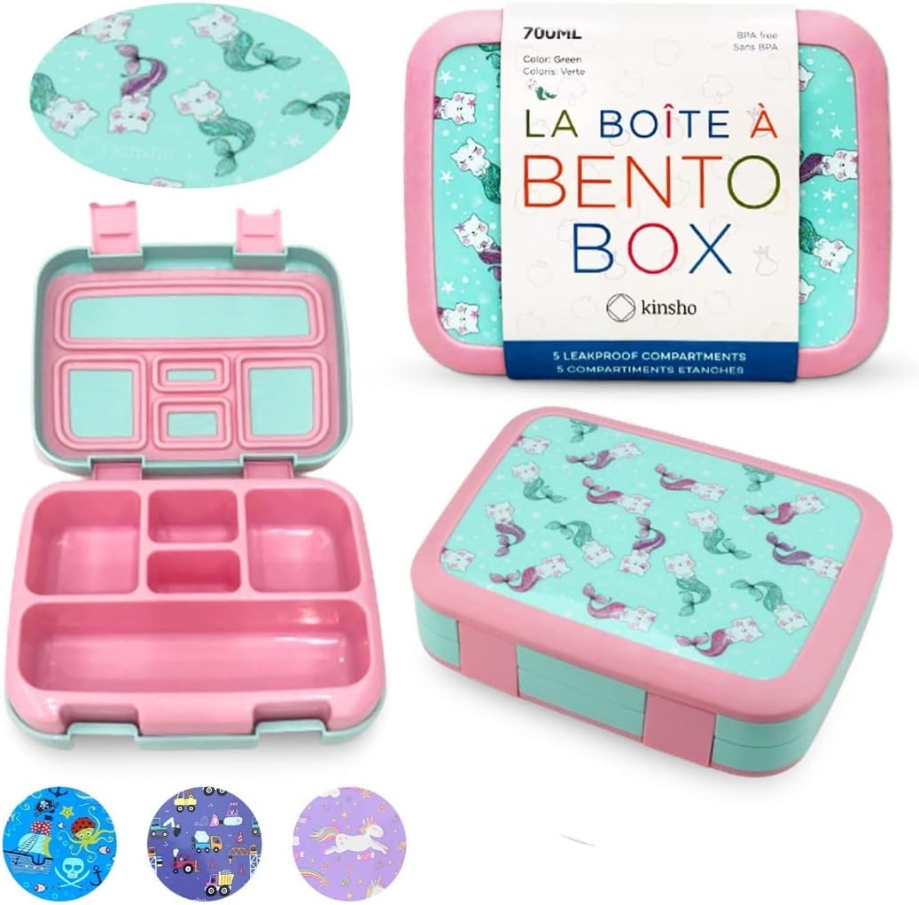 Kinsho Bento Lunch Box for Kids Toddlers, 5 Portion Control Sections, BPA Free Removable Plastic Tray, Pre-School Kid Toddler Daycare Lunches, Snack Container Ages 3 to 7 (Blue Space Rockets)