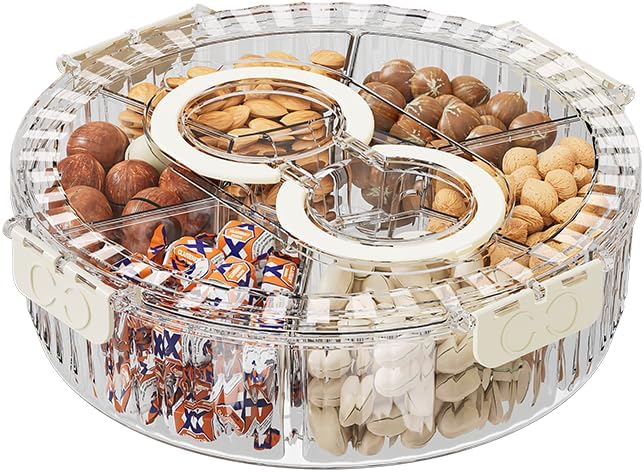 Koja Rotating Snackle Box Container with Lid - Portable Divided Serving Tray for Snacks, Nuts, Candy, Charcuterie, Veggies & Fruit - 360° Turntable Food Organizer (Beige, 7-Compartment)