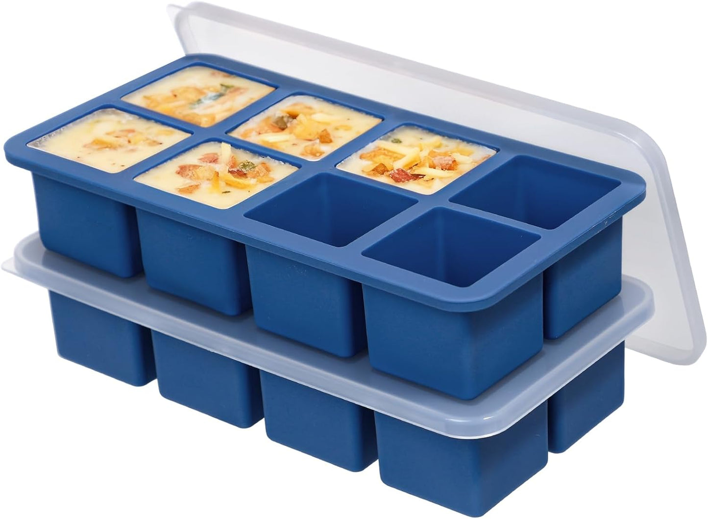 Koluti 2-Pack Nonstick Silicone 3 Soup Freezer Mold, 1-Cup Large Sauce Ice Tray with Plastic Lid, Stackable Freezing Maker Meal Prep Food Storage Container, Dishwasher Safe & BPA Free