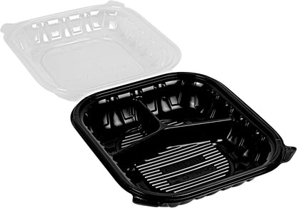 Thermo Tek 40 Ounce Clamshell Containers, 50 Disposable Take Out Boxes - 3 Compartments, Ventilated Lids, Black Plastic Meal Prep Containers, Microwavable, For Pasta Or Salads - Restaurantware