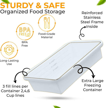 (2 Pack) Large Silicone Freezer Containers For Soup, Pasta Sauce, Leftovers, Broth & More - 6 Cup Reusable BPA Free Non Plastic Food Storage Freezing Ice Trays With Lids & Measurement Lines