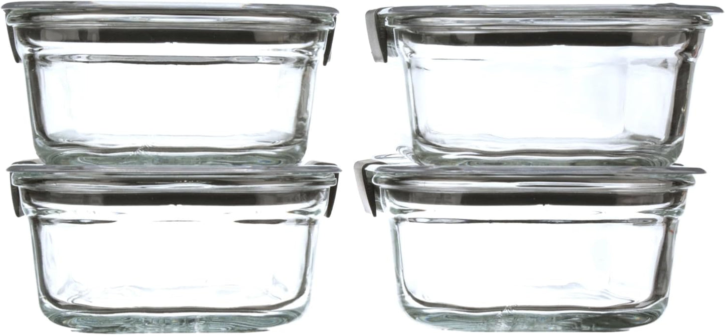Rubbermaid Brilliance Glass Food Storage set of 4 containers 8 total pieces (4 containers + 4 lids) for Lunch Meal Prep and Leftovers Dishwasher and Oven Safe Clear/Grey
