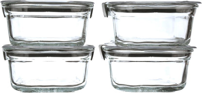 Rubbermaid Brilliance Glass Food Storage set of 4 containers 8 total pieces (4 containers + 4 lids) for Lunch Meal Prep and Leftovers Dishwasher and Oven Safe Clear/Grey