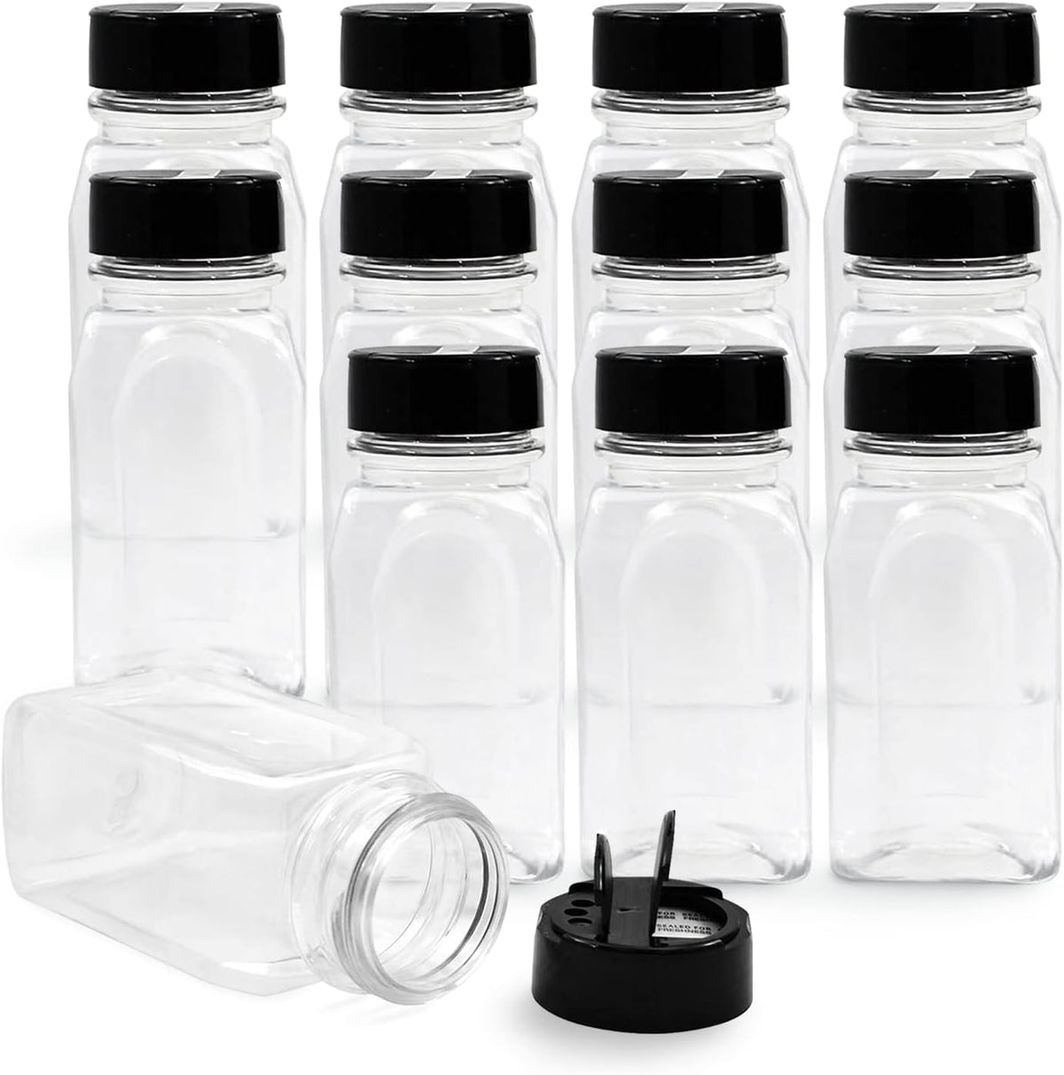 RoyalHouse 9.5 Oz Plastic Spice Jars with Black Cap, Clear and Safe Plastic Bottle Containers with Shaker Lids for Storing Spice, Herbs and Seasoning Powders, BPA Free, Made in USA