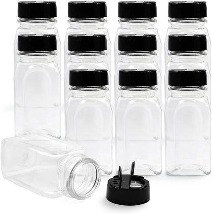 RoyalHouse 9.5 Oz Plastic Spice Jars with Black Cap, Clear and Safe Plastic Bottle Containers with Shaker Lids for Storing Spice, Herbs and Seasoning Powders, BPA Free, Made in USA