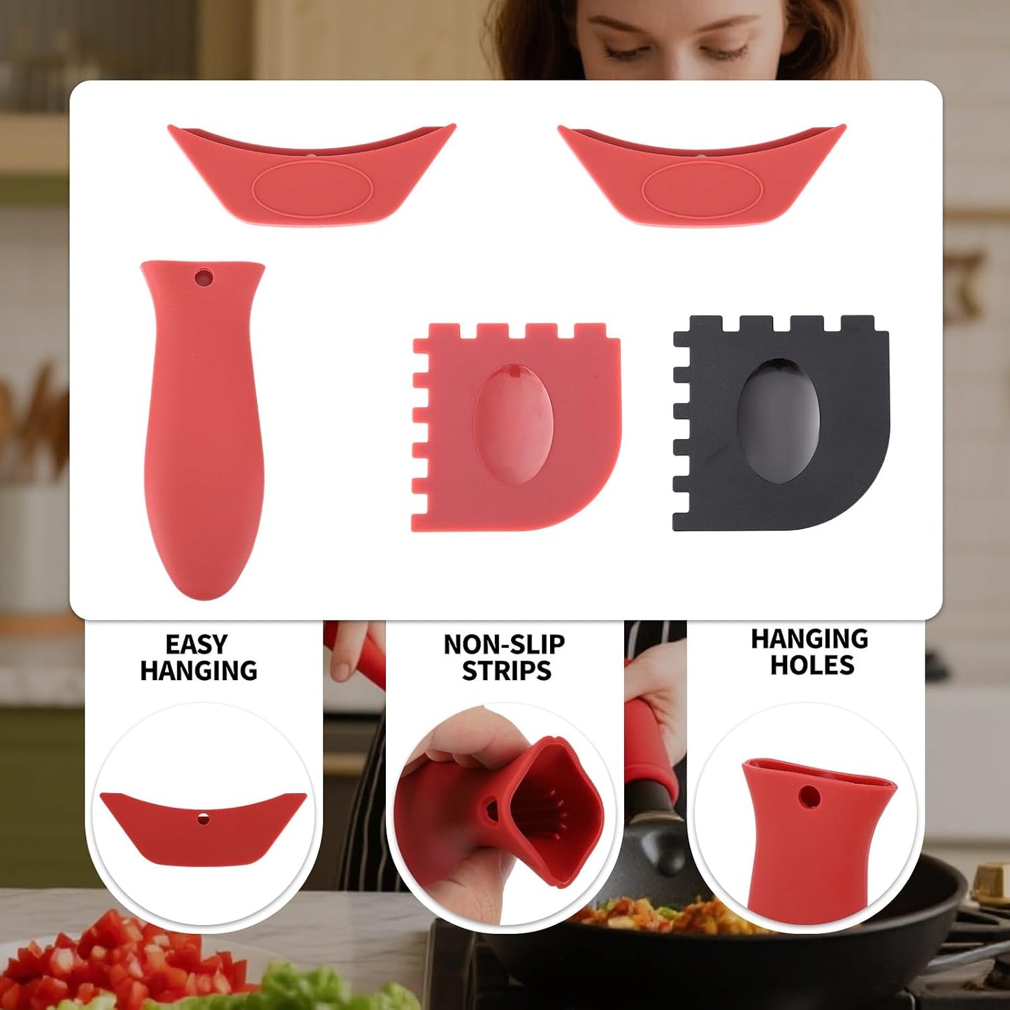 5pcs Silicone Handle Cover for Lodge Cast Iron Skillets, Includes Pan Grip Handle Cover 2 Assist Pot Holder Sleeves & 2 Grill Scrapers Heat Resistant Dishwasher Safe