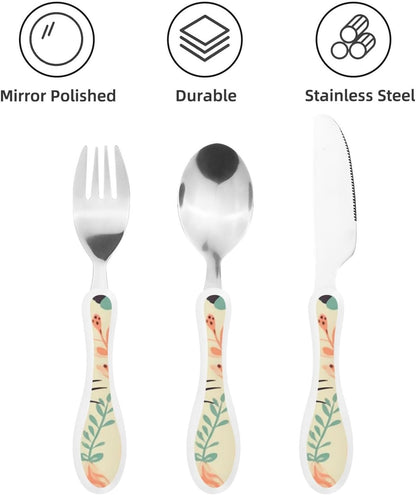 3-Piece Kids Silverware Set With Storage Case, Stainless Steel Reusable Children Safe Knife Spoon Fork Set Cute Kittens Children Flatware Set For Kids Lunch Box
