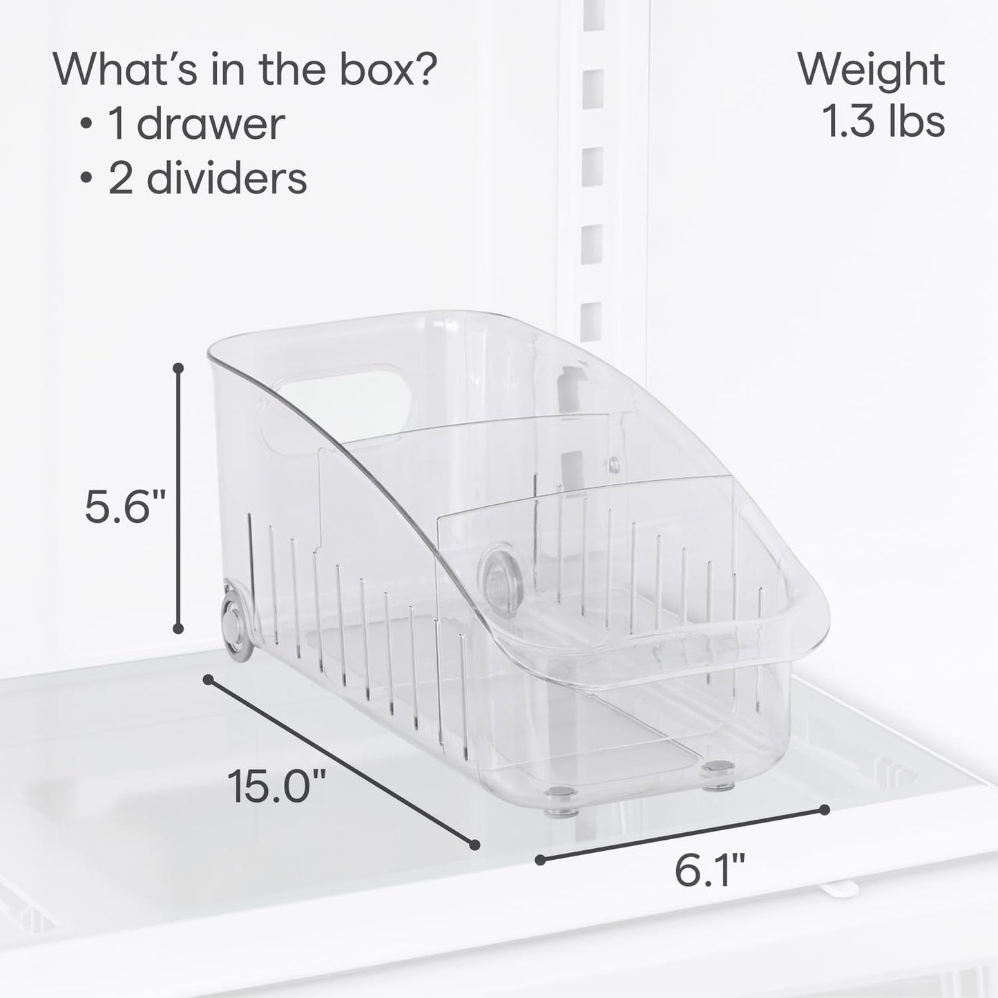 YouCopia RollOut Fridge Drawer 6", BPA-Free Clear Rolling Refrigerator Organizer Bin with Adjustable Dividers and Handles for Produce, Food, Meal and Snack Storage