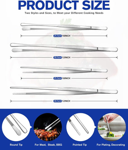 4 Pcs Fine Long Tweezer Tongs Professional Black, 12'' and 10'' Stainless Steel for Kitchen, Food, Cooking, Repairing, Sea food and BBQ