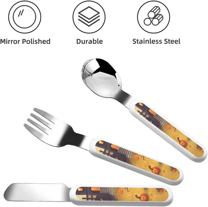 3-Piece Kids Silverware Set, Stainless Steel Reusable Children Safe Knife Spoon Fork Set With Storage Case Halloween Holiday Children Flatware Set For Kids Lunch Box