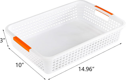 Lawei 8 Pack Large Plastic Storage Basket with Handle - 15 x 10 x 3 Inch Pantry Organizer Basket Bins Desktop Paper Storage Basket for Organization, Countertops, Cabinets, Bedrooms, Bathrooms