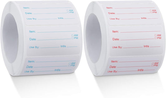 Outus 1000 Pcs Dissolvable Food Labels for Container Removable Canning Labels Food Storage Stickers for Home Restaurant Canning Container Rotation, Red and Blue, 500 Labels Per Roll