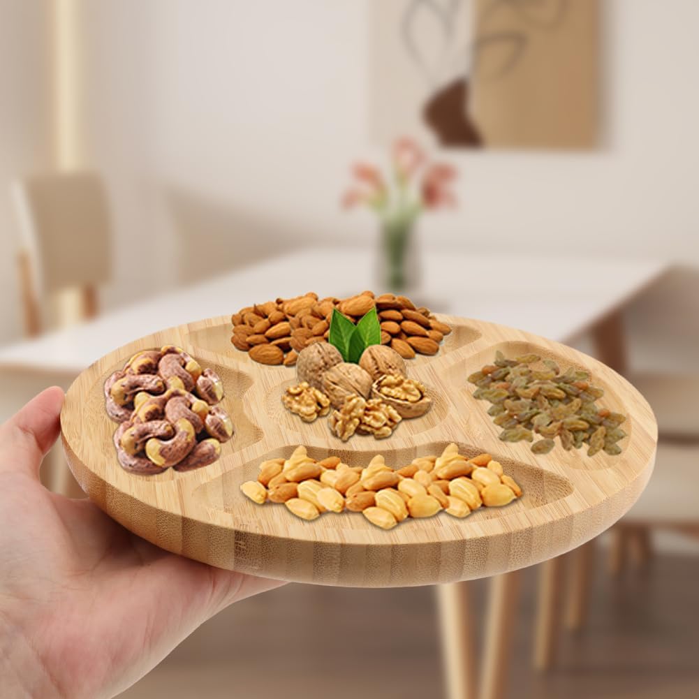 Divided Serving Tray, Bamboo Appetizer Party Platter with 5 Compartments For Serving Dishes, Serving Platters, Chip And Dip Tray, Veggie Tray, Or Taco, Round(8")