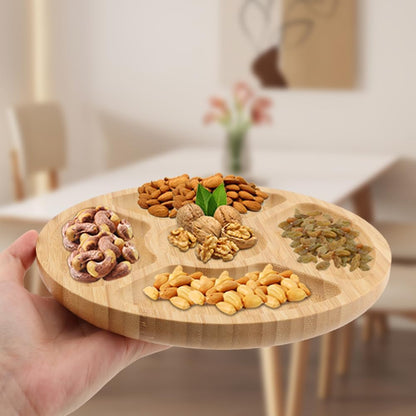 Divided Serving Tray, Bamboo Appetizer Party Platter with 5 Compartments For Serving Dishes, Servings Platter, Chip And Dip Trays, Veggie Tray, Or Taco, Round (SIZE:8")