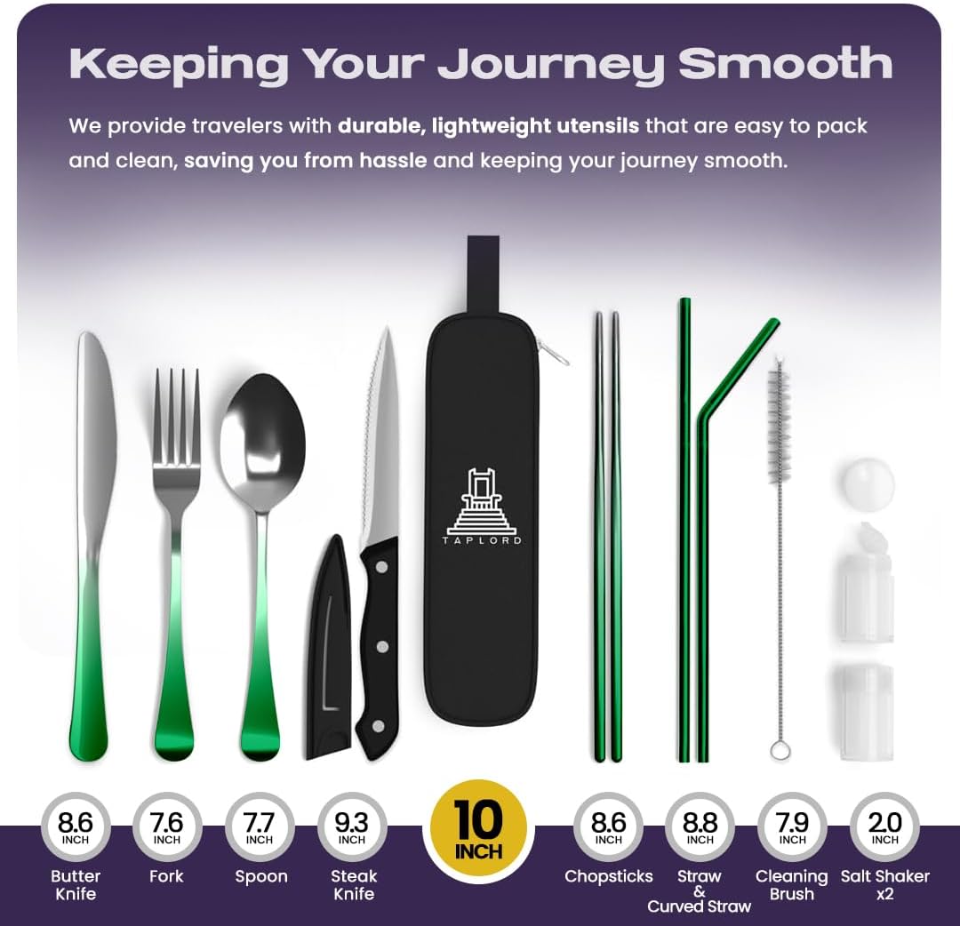 Taplord Portable Travel Silverware Set With Case, Includes 10 Pcs of Travel Utensils With Case, Stainless Steel Flatware Set For Camping, Lightweight (Multi-Color)