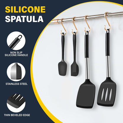 Silicone Spatula Set, Heat Resistant Solid & Slotted Turner for Non-Stick Pans, Silicone Cooking Utensils Set, BPA-Free, Flexible Spatula Turner for Flipping Eggs, Burgers, Pancakes, Black, 3 PCS-A