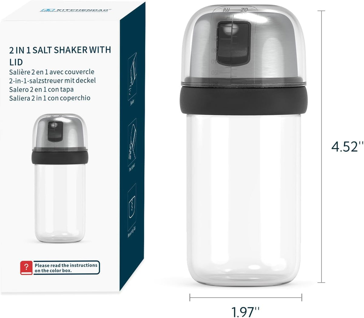 KTCHENDAO 2 in 1 Glass Salt and Pepper Shaker with Side Pour Spout, Built-in Lid for Moisture-proof, Elegant Borosilicate Glass Salt Pepper Dispenser set for Kitchen, BPA Free, 4oz (White)