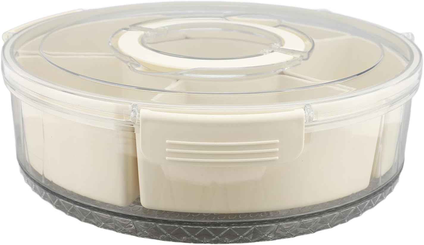 Divided Serving Tray, 360 Degree Rotating Snack Container with 6 Compartments and Transparent Cover Lid, for Party Picnic Beach Travel