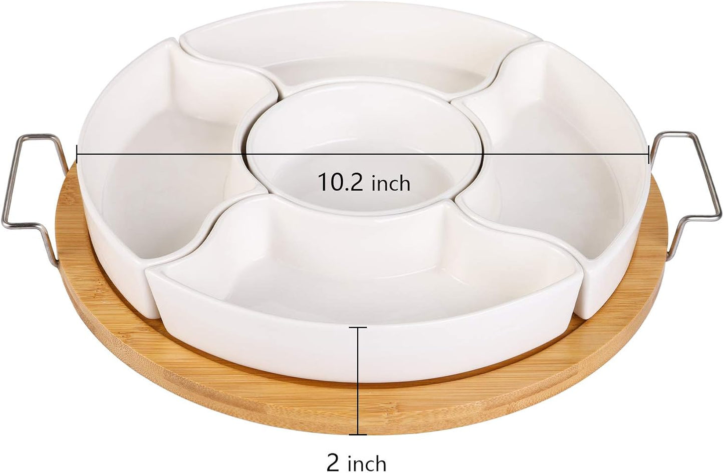 yarlung 11 Inch Ceramic Divided Serving Dishes with Bamboo Platter, Appetizer Tray 5 Removable Snacks Bowls for Candy and Nut, Chips and Dips, No Lid Included