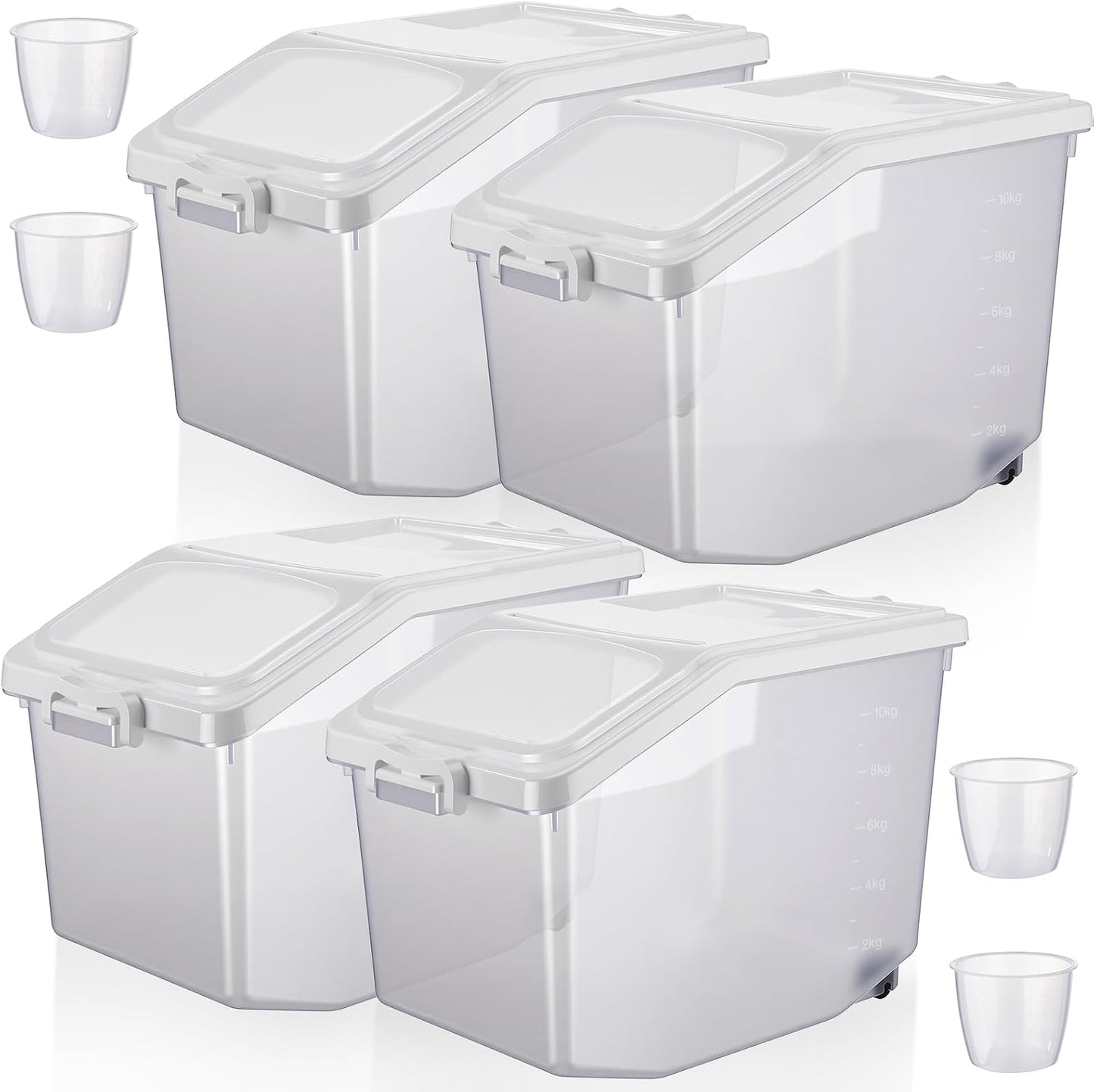 Sunnyray 4 Pcs Rice Storage Container 27.5 lb Airtight Flour Container with Wheels Measuring Cup White Pet Food Dog Cat Birds Food Bin Grain Cereal Organizer Box for Dry Baking Supplies