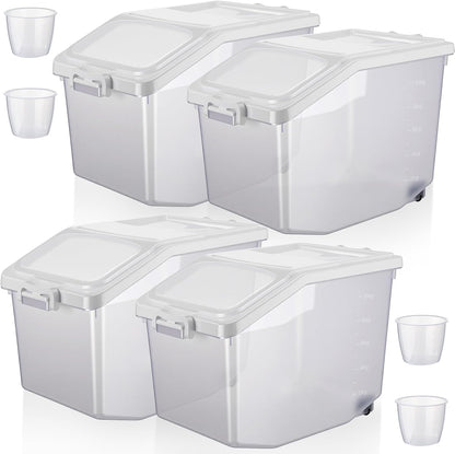 Sunnyray 4 Pcs Rice Storage Container 27.5 lb Airtight Flour Container with Wheels Measuring Cup White Pet Food Dog Cat Birds Food Bin Grain Cereal Organizer Box for Dry Baking Supplies
