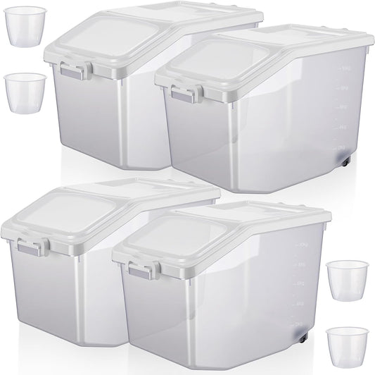 Sunnyray 4 Pcs Rice Storage Container 27.5 lb Airtight Flour Container with Wheels Measuring Cup White Pet Food Dog Cat Birds Food Bin Grain Cereal Organizer Box for Dry Baking Supplies
