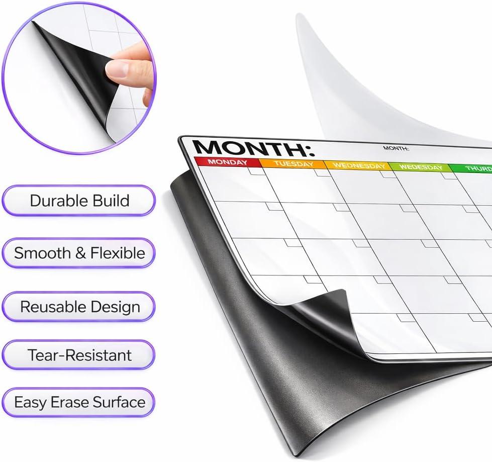Fridge Calendar Acrylic 17x12”, Start Monday | Magnetic Calendar for Refrigerator | Acrylic Dry Erase Whiteboard Calendar for Fridge | Family Schedule Board with 5 Markers & Eraser by Freedom Mastery