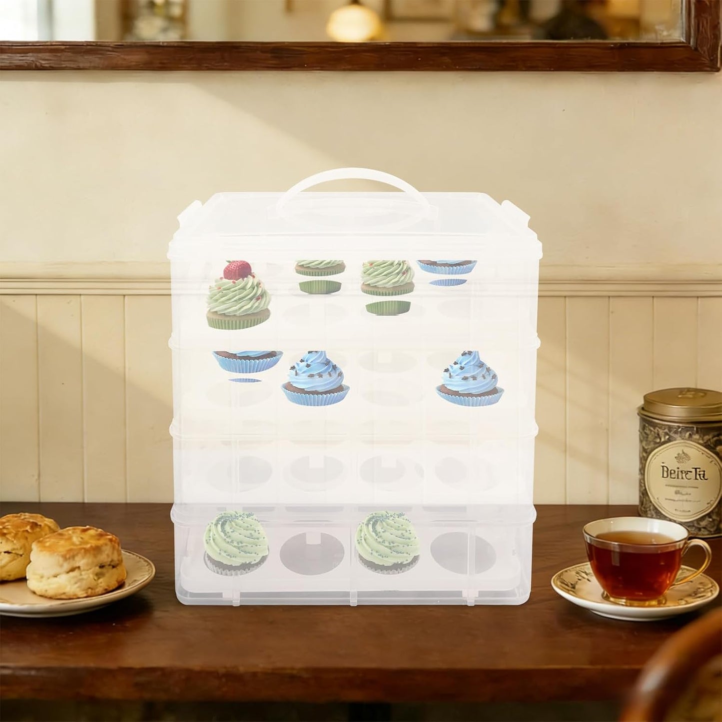 4-Tier Cupcake Carrier with Removable Stackable Layers - Cake Holder and Transport Container with Lid & Handle, Stores 48 Cupcakes for Parties, Baking, Events, Dessert Display, White