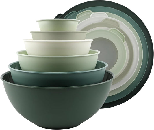 COOK WITH COLOR Mixing Bowls with TPR Lids - 12 Piece Plastic Nesting Bowls Set includes 6 Prep Bowls and 6 Lids - Microwave Safe (Sage) - Colors B