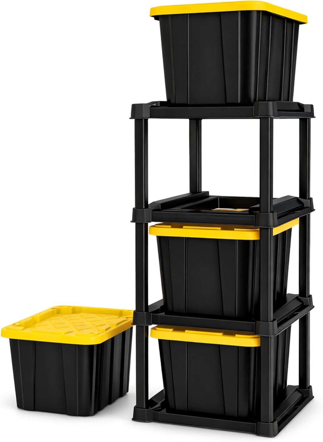 Sterilite 4-Pack 27 Gallon Industrial Storage Tote, Heavy-Duty Plastic Bins, Black/Yellow - Stackable Utility Organizers with Lids for Garage, Camping Tools, and Outdoor Gear