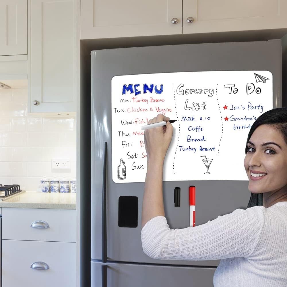 Magnetic Dry Erase Board Fridge White Board Sheet 20x13 inch, Flexible Large Refrigerator Magnets Whiteboard Planner for Home Kitchen, 2 Markers and Eraser