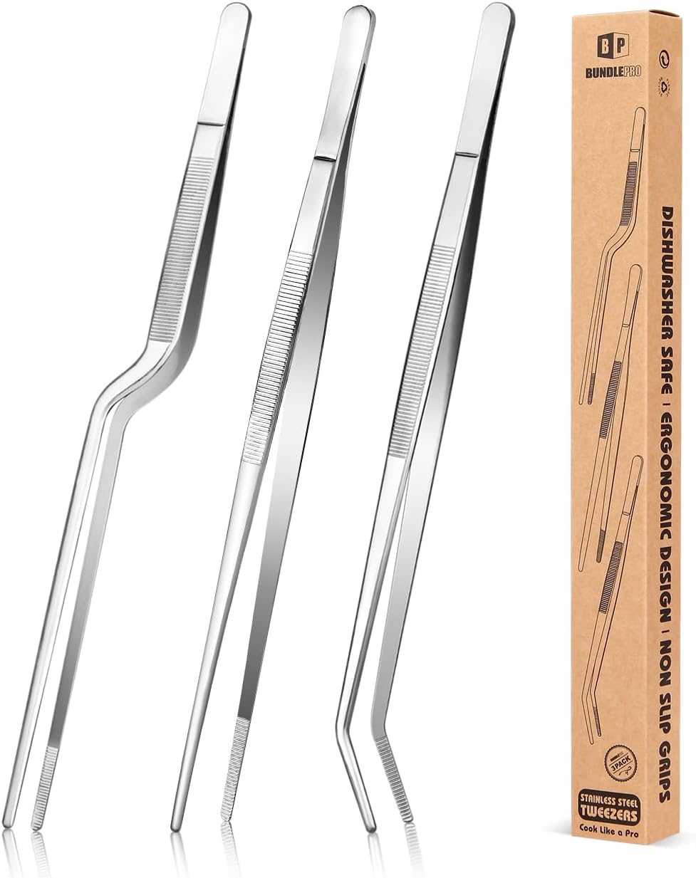 BUNDLEPRO Kitchen Tweezers Tongs with Precision Serrated Tips, 3 Pcs, 10''