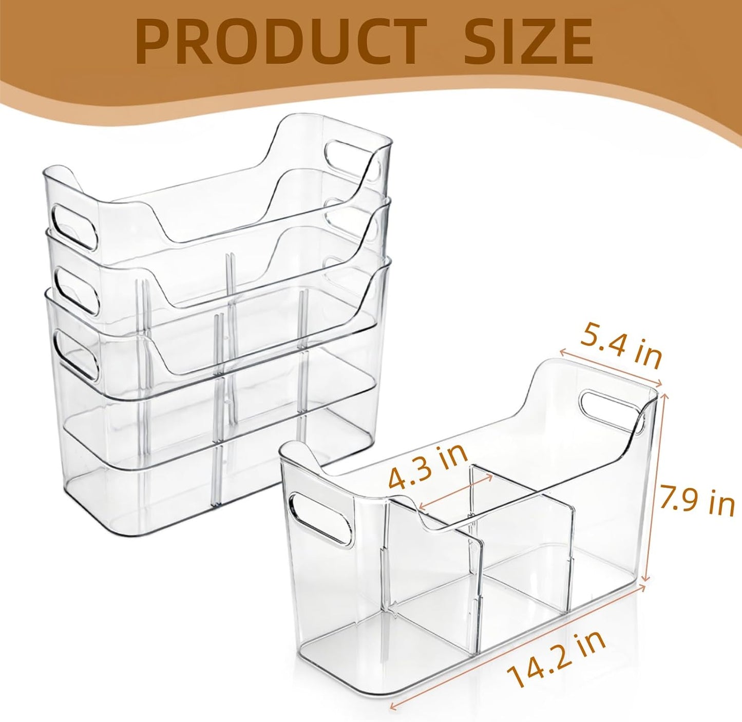 4 Pack Tall Narrow Clear Bins, Slim Pantry Freezer Organizer Bins with Removable Divider, Stackable Plastic Storage Containers with Handle for Kitchen Cabinet Closet Bathroom
