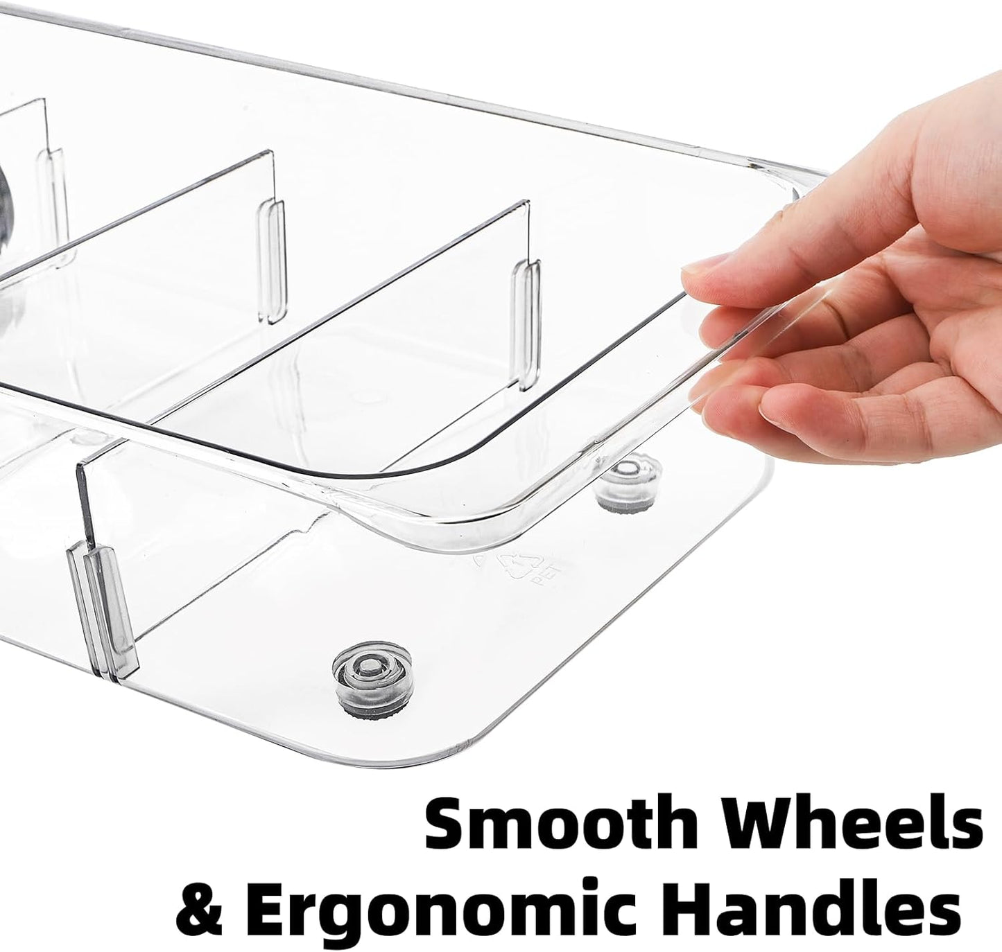 2 Pack Refrigerator Organizer Bin with Wheels, Roll Out Pantry Storage with Dividers, Clear Plastic Refrigerator Drawer, Upgrade Thick Fridge Caddy for Under Sink, Kitchen Organization