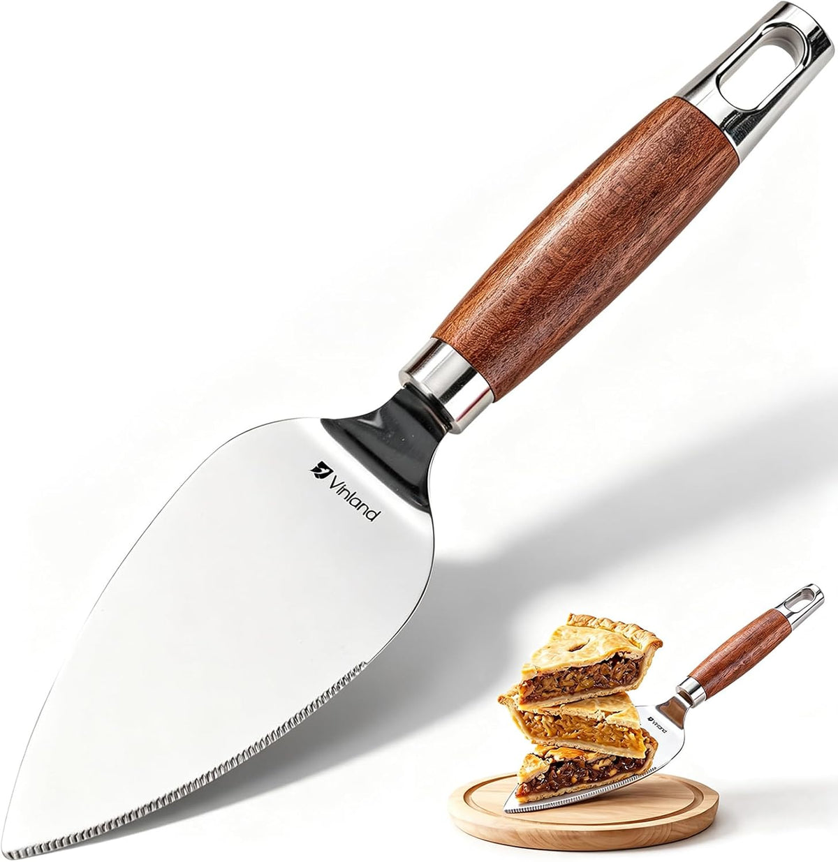 Stainless Steel Serrated Pie Server Spatula – 1 PCS Wooden Non-Slip Easy Grip Cake Cutter and Server, Left & Right Handed Dessert Serving Tool with Hanging Hole for Pies, Pizza, Lasagna, Wedding Cakes