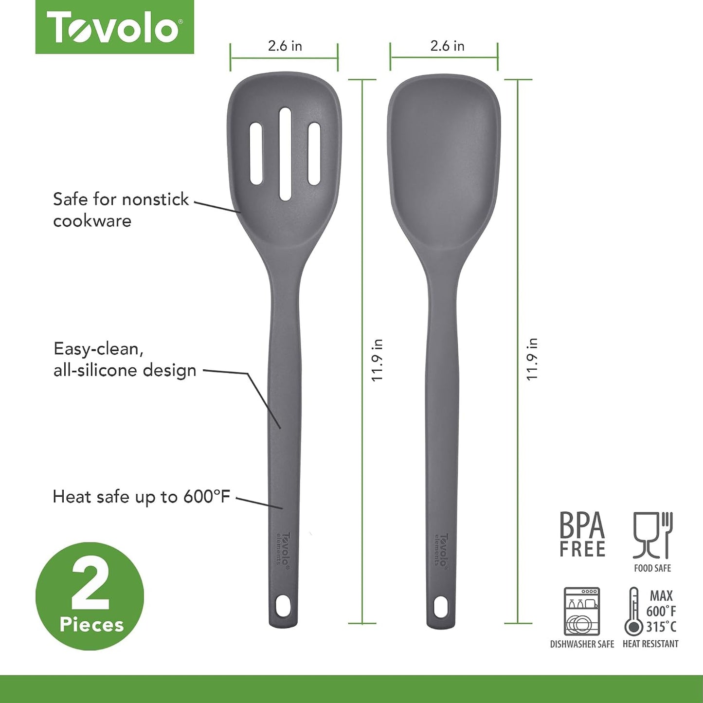 Tovolo Elements Silicone Spoon Set of 2 Mixing and Slotted Spoon Bundle for Non Stick Cooking Mixing Serving, Dishwasher Safe Heat Resistant Slotted Spoon and Mixing Serving Spoon, Oatmeal