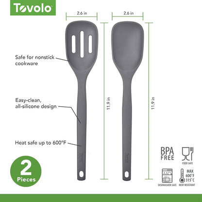 Tovolo Elements Silicone Spoon Set of 2 Mixing and Slotted Spoon Bundle for Non Stick Cooking Mixing Serving, Dishwasher Safe Heat Resistant Slotted Spoon and Mixing Serving Spoon, Oatmeal
