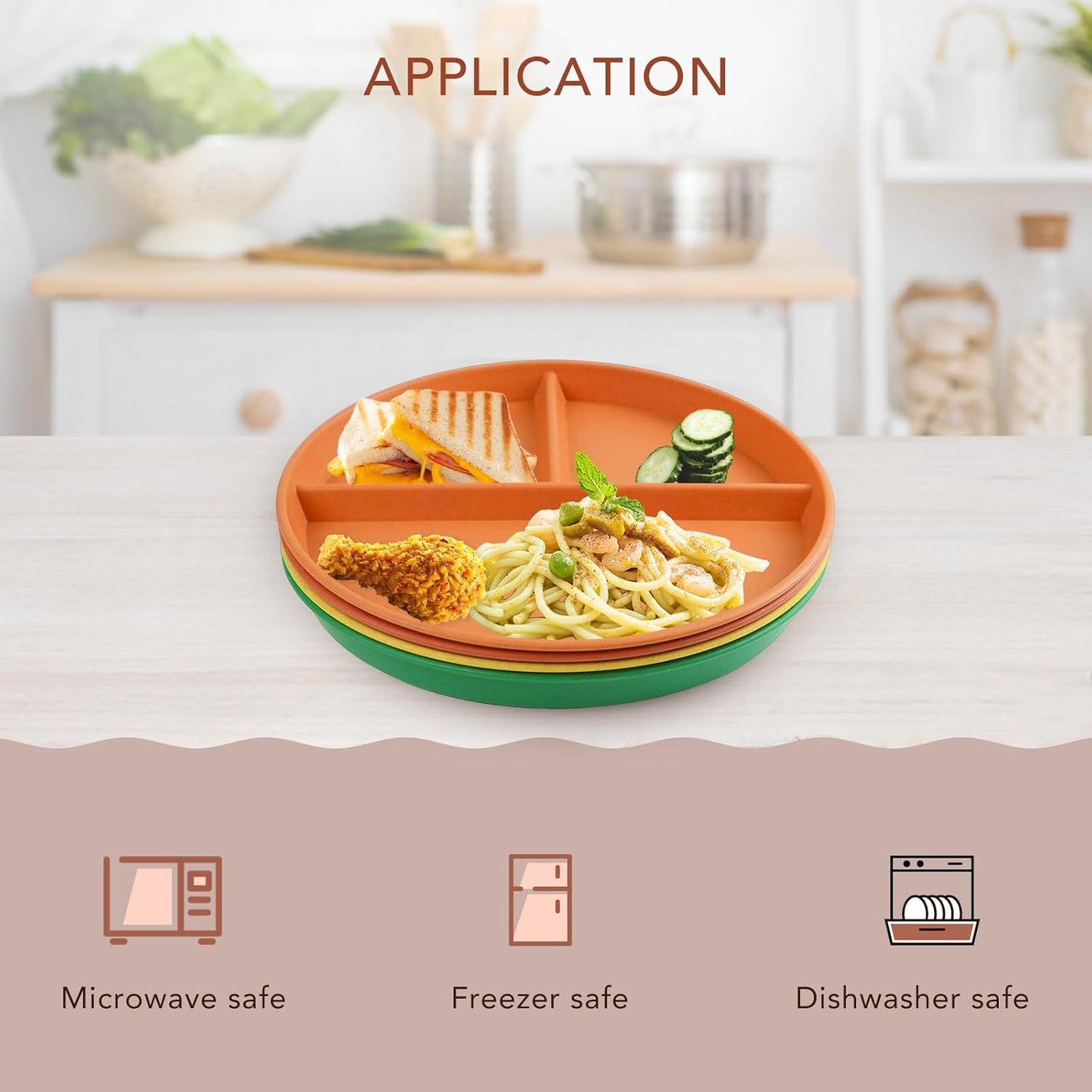 greenandlife 9 Inch 4PCS Portion Control Plates with Lids, Divided Plates for Kids Adults, Dishwasher Microwave Safe Compartment Plate, Unbreakable Lightweight Reusable Wheat Straw Plate, Earth Tone