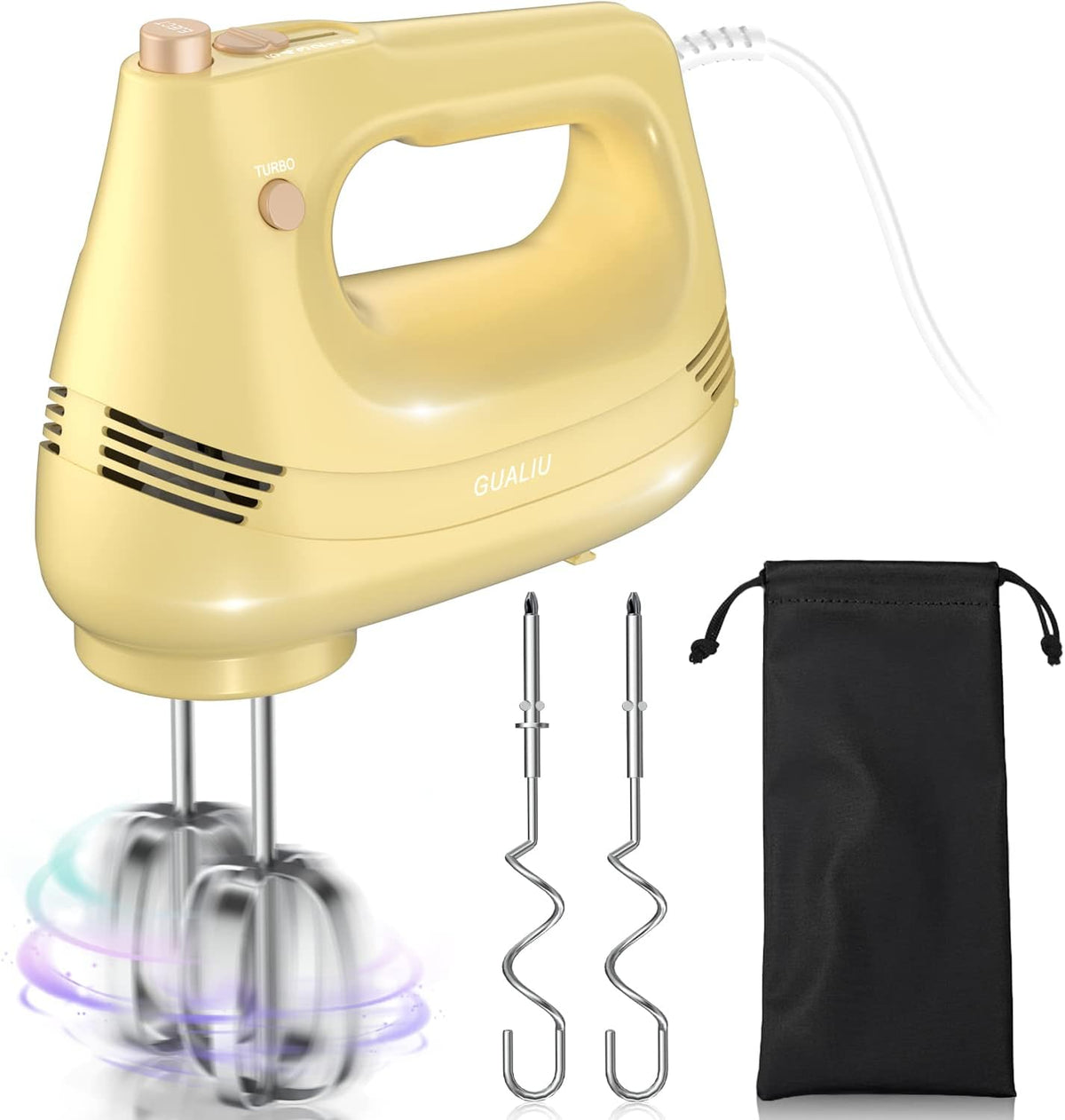 GUALIU Electric Hand Mixer, 304*(2* Beaters, 2* Dough Hooks), (1* Storage Bag) Handheld Mixer for Baking Cakes, Eggs, Cream Food Mixers, Turbo Boost /5 Speed Kitchen Blender PINK