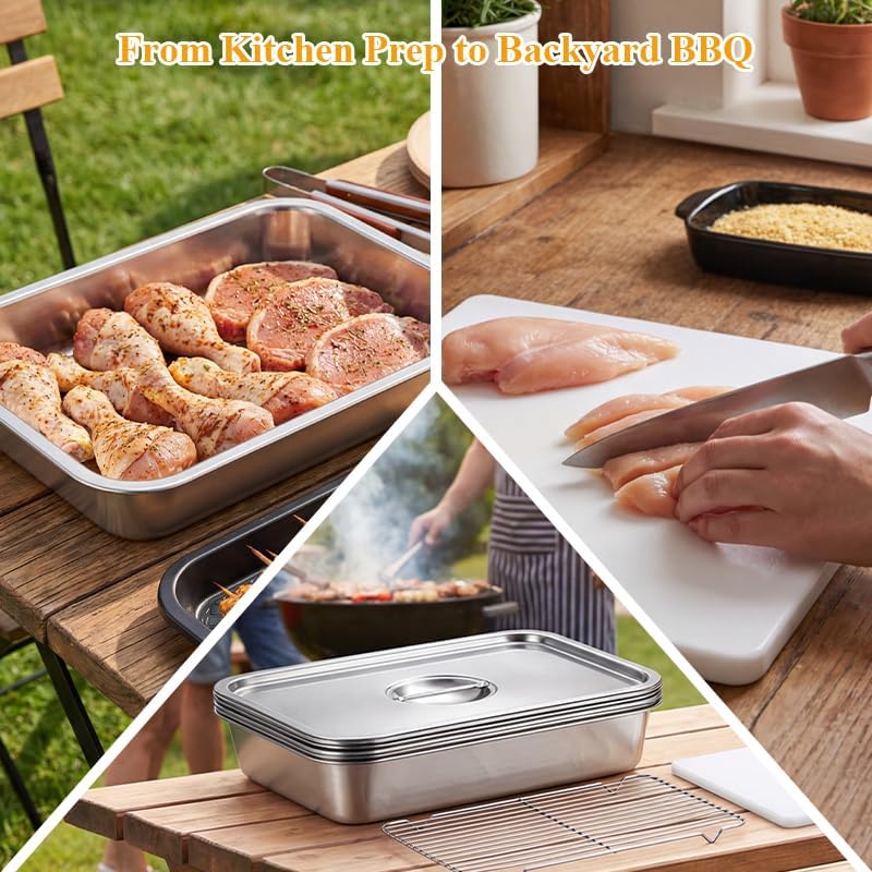 10-Piece Grill Prep and Carry System, Stainless Steel BBQ Prep and Serve Trays with Lid, Dishwasher Safe Cutting Board, Ingredient Prep Trays & Meat Marinade Container for Outdoor Grilling