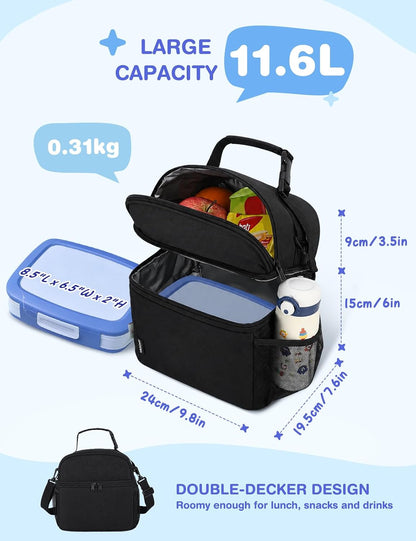 VASCHY Lunch Box Bag for Kids, Insulated Double Compartments Cooler Lunch Tote for Toddlers Boys Girls School/Daycare/Picnic Black Dinos