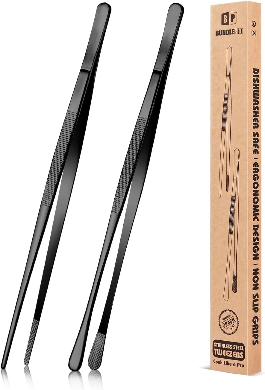 2 Pcs 10-Inch Kitchen Tweezers Fine Tweezer Tongs, Stainless Steel Professional Long Cooking Tweezers for BBQ, Sea Food, Repairing and Serving (SILVER)